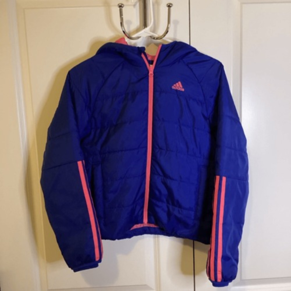 Girls Adidas full zip puffer jacketBlue / pink large